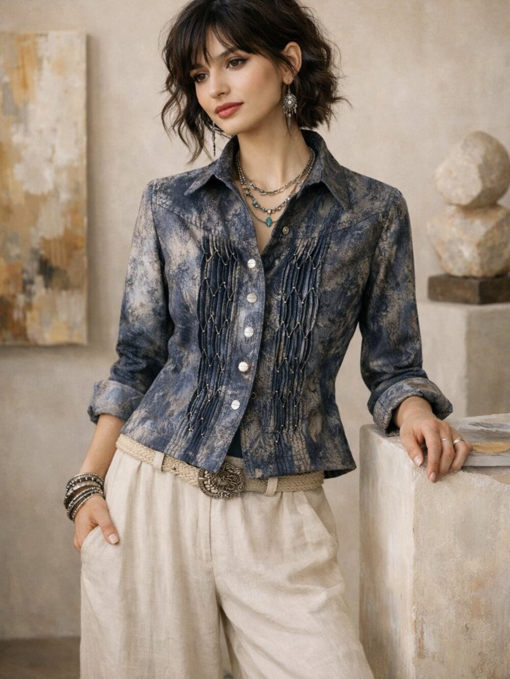 Coldwater Creek Blue Gray and Mocha Pleated and Embellished Snap Front Jacket 6